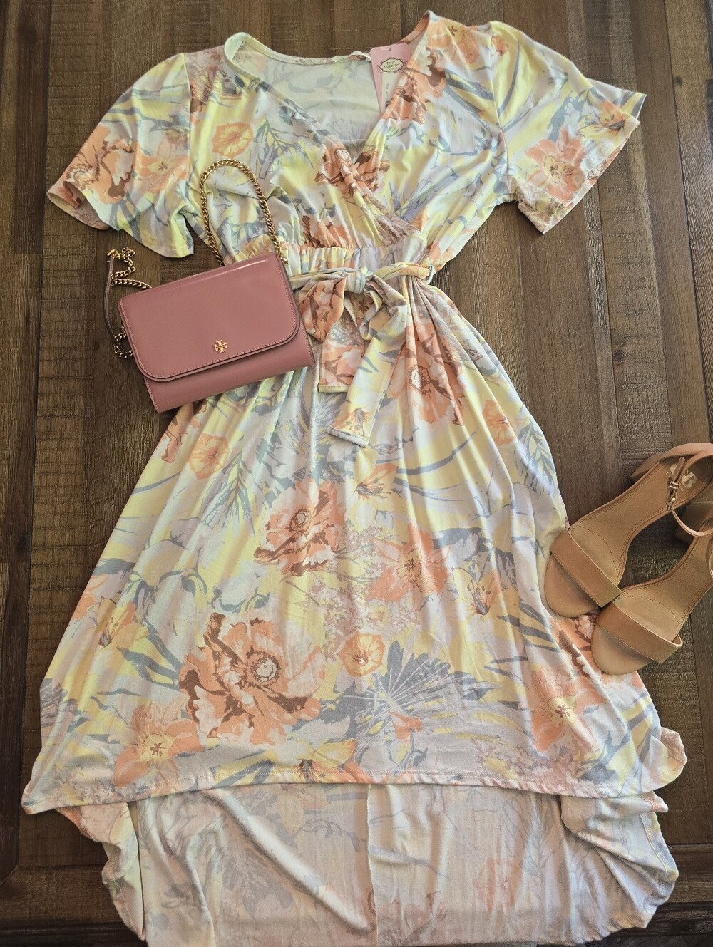 Pastel Floral Wrap Midi Dress Tie Waist NWT Size L Boutique (Sold Out)